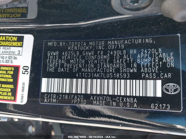 Toyota Camry Le Hybrid 2020 4T1C31AK7LU518593 Image 9