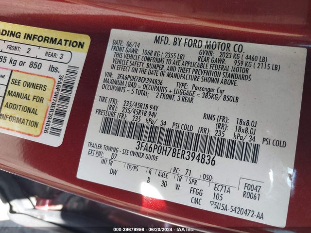 Ford FUSION SE 2014 3FA6P0H78ER394836 Image 9