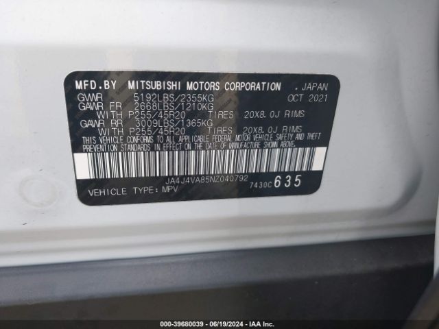 JA4J4VA85NZ040792 Mitsubishi Outlander Sel 2.5 S-awc