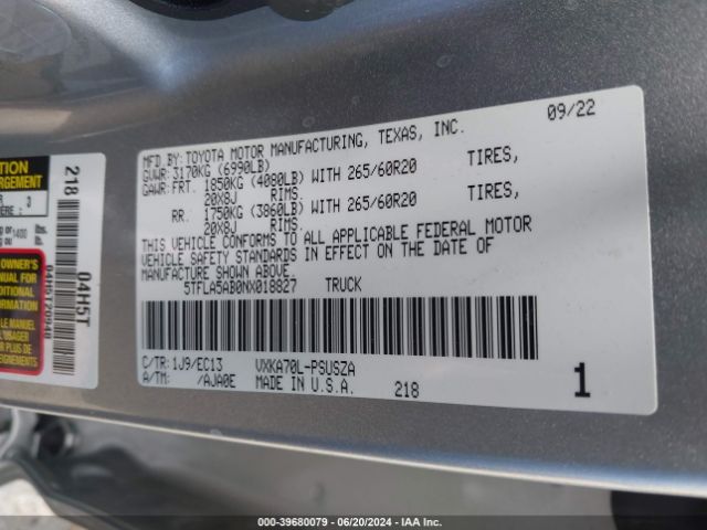 5TFLA5AB0NX018827 Toyota Tundra Sr5