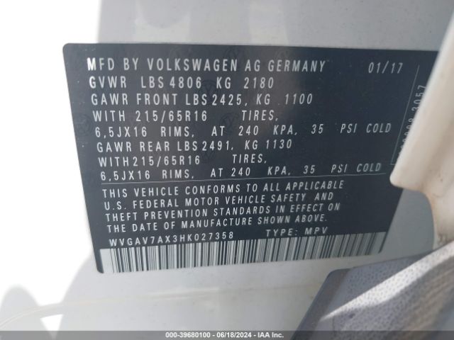 WVGAV7AX3HK027358 Volkswagen Tiguan 2.0t/2.0t S