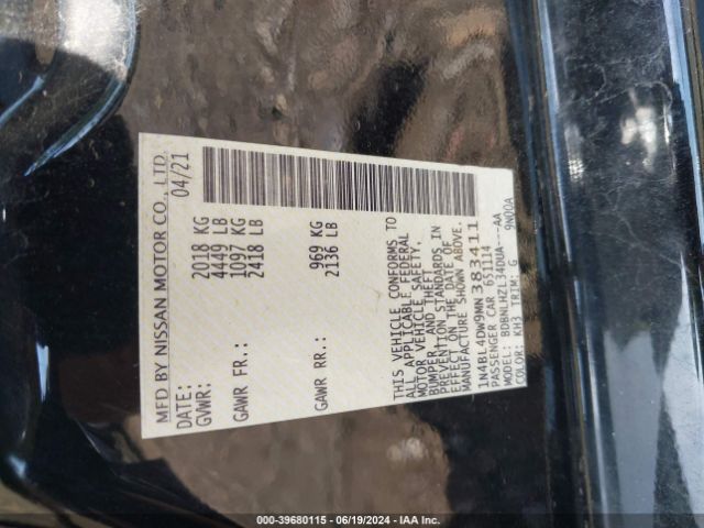 1N4BL4DW9MN383411 Nissan Altima Sv Intelligent Awd