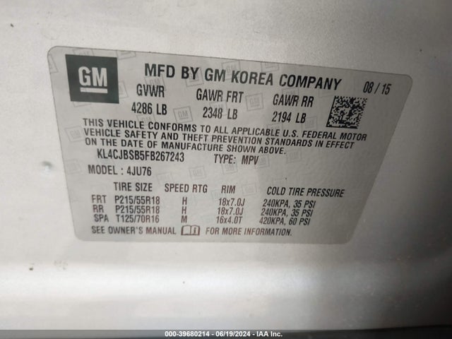 Buick Encore Convenience 2015 KL4CJBSB5FB267243 Image 9