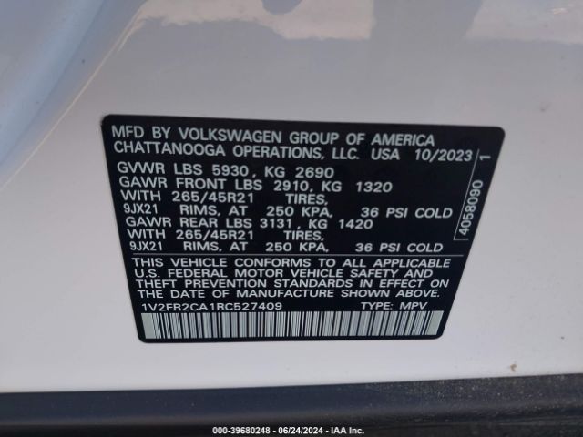 1V2FR2CA1RC527409 Volkswagen Atlas 2.0t Sel Premium R-line