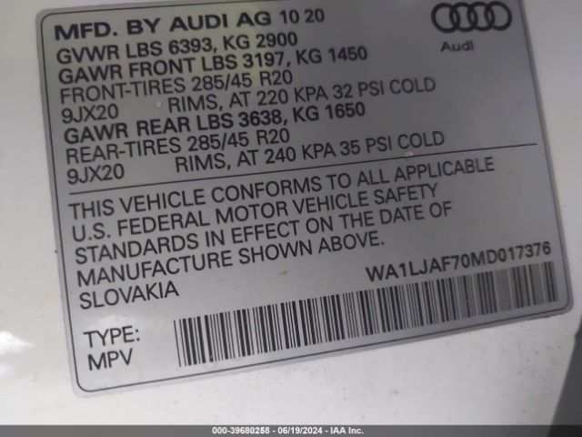 WA1LJAF70MD017376 Audi Q7 Premium Plus 45 Tfsi Quattro Tiptronic