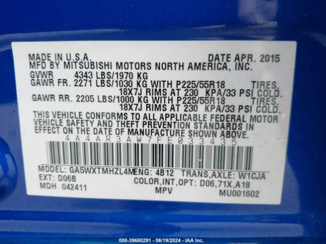 4A4AR3AW7FE033435 Mitsubishi Outlander Sport Es