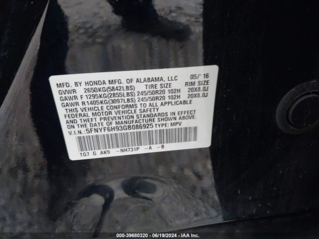 5FNYF6H93GB086925 Honda Pilot Touring