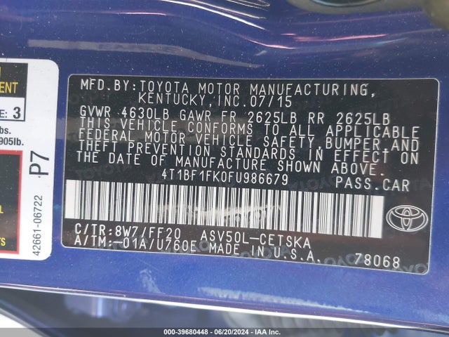 Toyota CAMRY SE 2015 4T1BF1FK0FU986679 Image 9