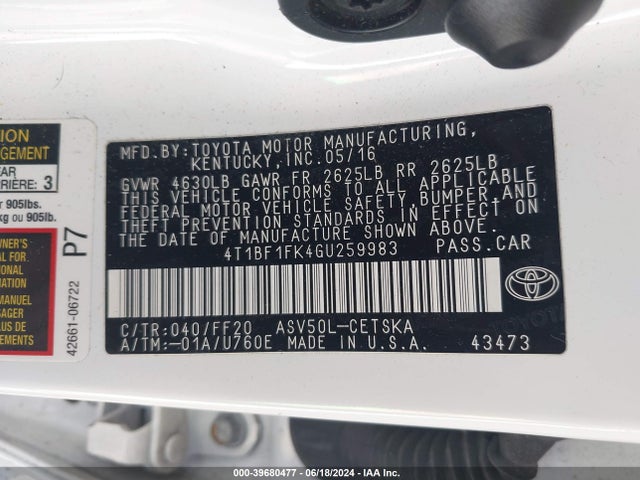 Toyota CAMRY SE 2016 4T1BF1FK4GU259983 Image 9