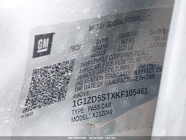 1G1ZD5STXKF105461 Chevrolet MALIBU LT