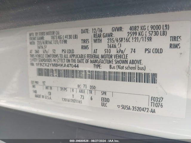 1FBZX2YM8HKA47044 Ford Transit-350 Xlt