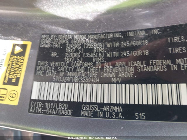 Toyota Highlander Xle 2019 5TDJZRFH8KS592484 Image 9