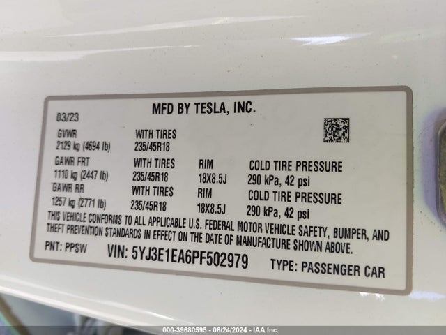 5YJ3E1EA6PF502979 Tesla Model 3 Rear-wheel Drive