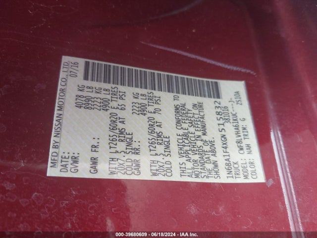 1N6BA1F4XGN515832 Nissan Titan Xd Sl Diesel