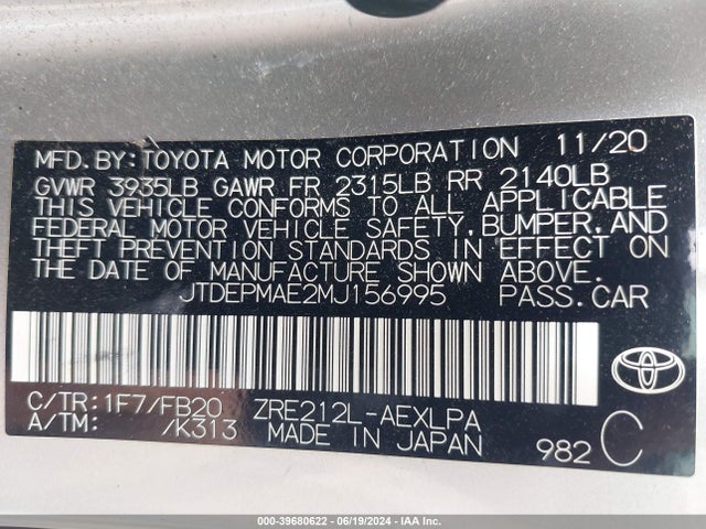 Toyota COROLLA LE 2021 JTDEPMAE2MJ156995 Image 9