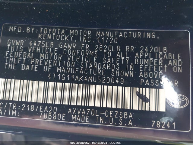 Toyota CAMRY SE 2021 4T1G11AK4MU520049 Image 9