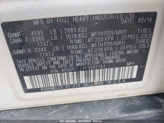 Subaru Outback 2.5i Limited 2014 4S4BRCLCXE3292151 Image 9