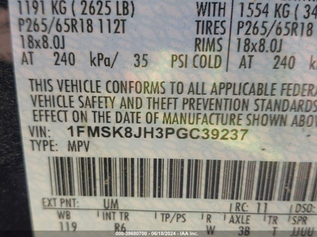 1FMSK8JH3PGC39237 Ford Explorer Timberline