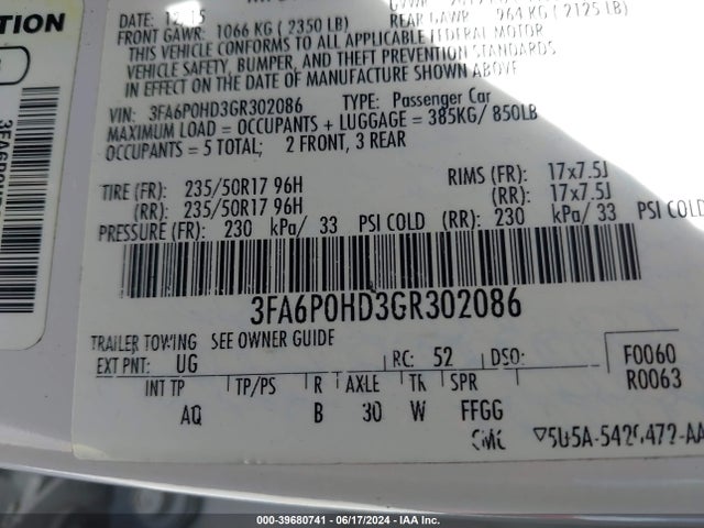 Ford FUSION SE 2016 3FA6P0HD3GR302086 Image 9