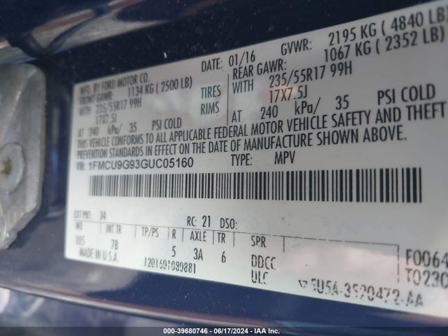 Ford ESCAPE SE 2016 1FMCU9G93GUC05160 Image 9
