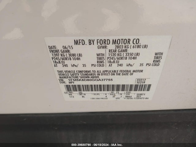 Ford EXPLORER XLT 2016 1FM5K8D80GGA37755 Image 9