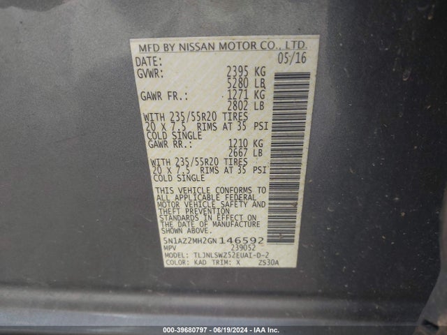 Nissan Murano Platinum 2016 5N1AZ2MH2GN146592 Image 9