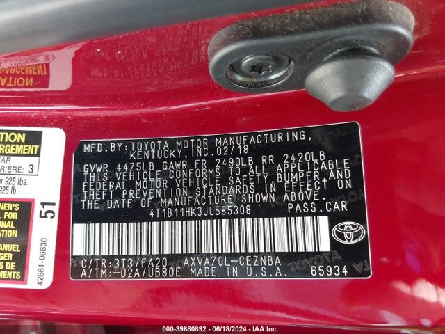 Toyota CAMRY LE 2018 4T1B11HK3JU585308 Image 9