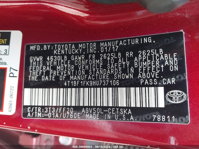 Toyota CAMRY SE 2017 4T1BF1FK9HU737106 Image 9
