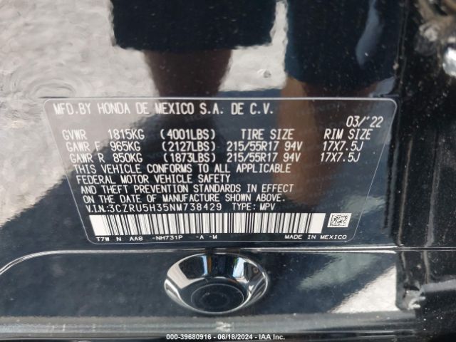3CZRU5H35NM738429 Honda Hr-v 2wd Lx