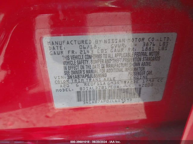 Nissan SENTRA SV 2018 3N1AB7AP0JL659593 Image 9