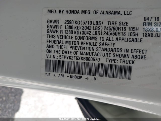 Honda Ridgeline Rtl-t 2019 5FPYK2F6XKB000670 Image 9