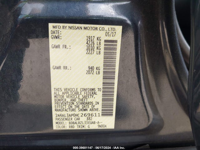 Nissan Altima 2.5 Sl 2017 1N4AL3AP0HC269611 Image 9