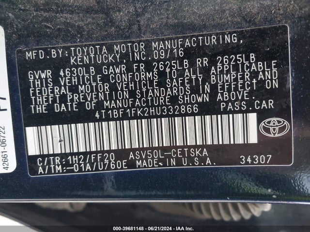 Toyota CAMRY SE 2017 4T1BF1FK2HU332866 Image 9