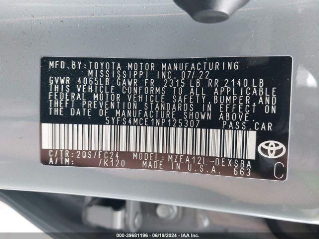 5YFS4MCE1NP125307 Toyota Corolla Se Apex Edition