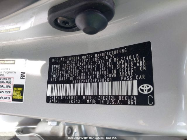 5YFEPMAE0NP390260 Toyota COROLLA LE