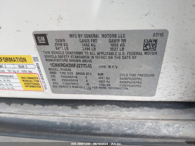 Chevrolet Traverse 1lt 2015 1GNKRGKD8FJ277545 Image 9