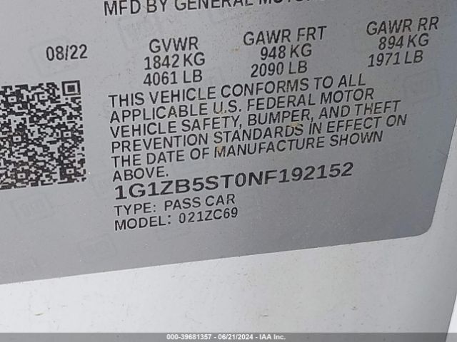 1G1ZB5ST0NF192152 Chevrolet Malibu Fwd Ls