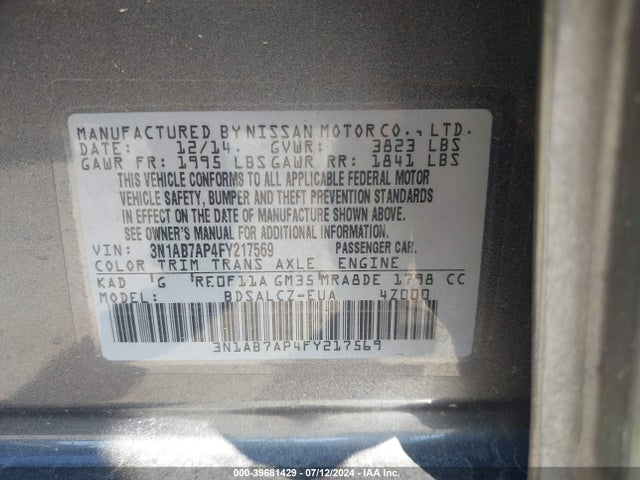 Nissan SENTRA S 2015 3N1AB7AP4FY217569 Image 9
