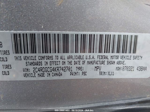 2C4RDGCG4KR742701 Dodge Grand Caravan Sxt