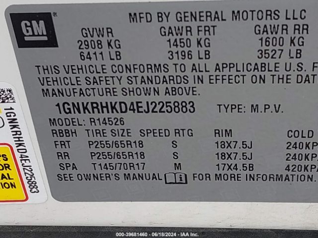 1GNKRHKD4EJ225883 Chevrolet Traverse 2lt