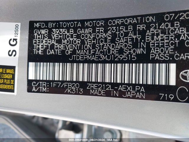 39681469 :رقم المزاد ، JTDEPMAE3MJ129515 vin ، 2021 Toyota Corolla Le مزاد بيع