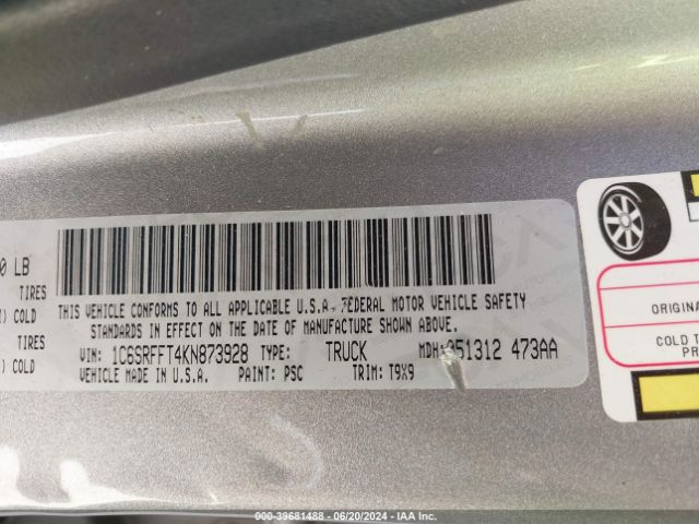1C6SRFFT4KN873928 RAM 1500 Big Horn/lone Star  4x4 5'7 Box