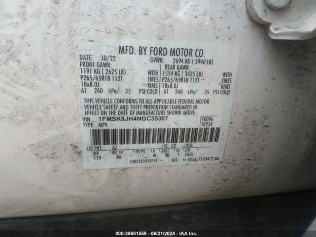 1FMSK8JH4NGC35307 Ford Explorer Timberline