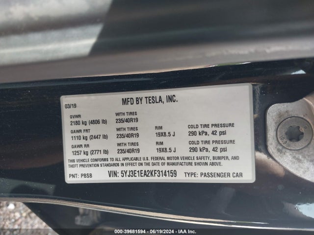 Tesla Model 3 Long Range/mid Range/standard Range/standard Range Plus 2019 5YJ3E1EA2KF314159 Image 9