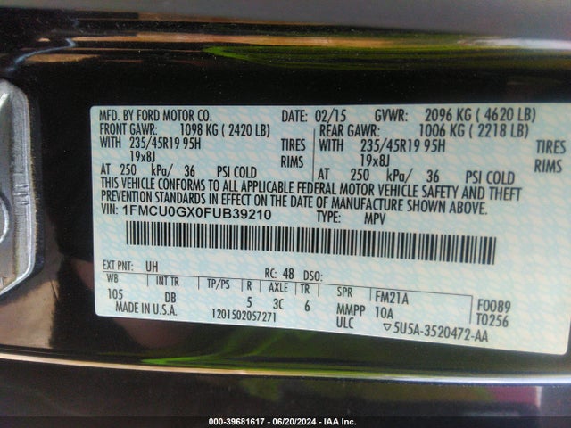 Ford ESCAPE SE 2015 1FMCU0GX0FUB39210 Image 9