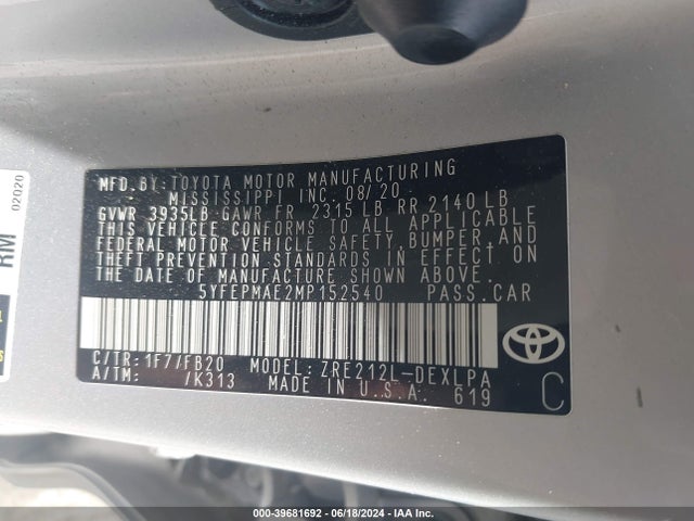 Toyota COROLLA LE 2021 5YFEPMAE2MP152540 Image 9