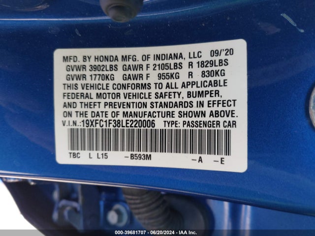 Honda CIVIC EX 2020 19XFC1F38LE220006 Image 9