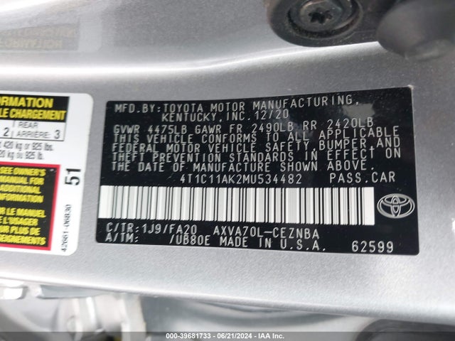 Toyota CAMRY LE 2021 4T1C11AK2MU534482 Image 9