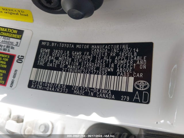 Toyota COROLLA LE 2014 2T1BURHE2EC177695 Image 9