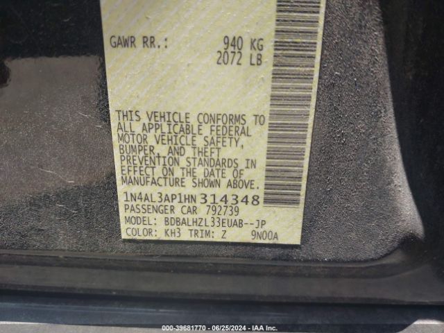 1N4AL3AP1HN314348 Nissan Altima 2.5/2.5 S/2.5 Sl/2.5 Sr/2.5 Sv